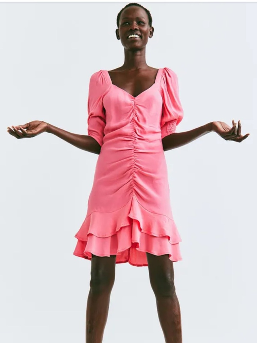 NEW H&M Pink Ruched Ruffle Mini Dress Size Medium
